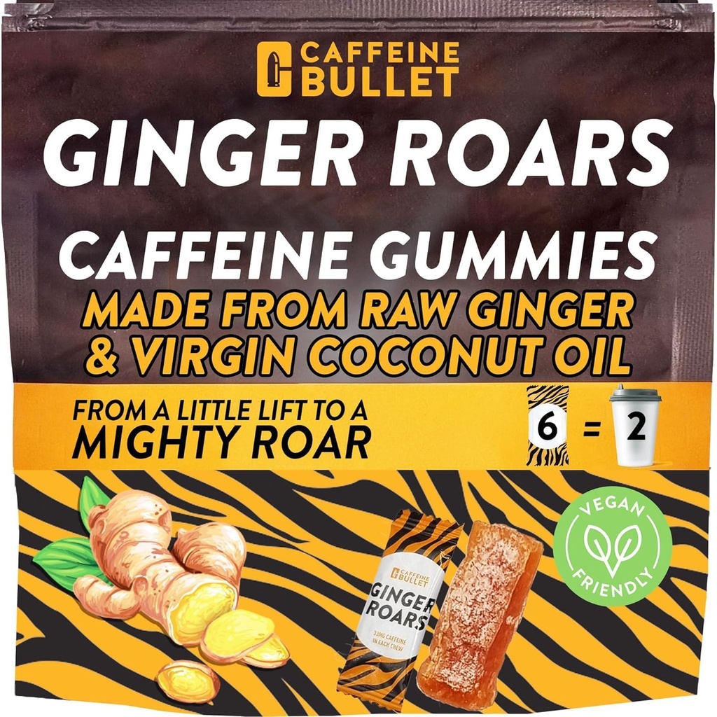 Ginger Roars - Caffeine Ginger Chews - 12 Caffeine Candies Κάθε 33mg καφεΐνη με μια νότα Delicious Natural Honey Ginger Flavour & Fiery. Ενεργειακά σφηνάκια με βάση το εργοστάσιο, ένα Vegan Healthy Snack για Ενήλικες.