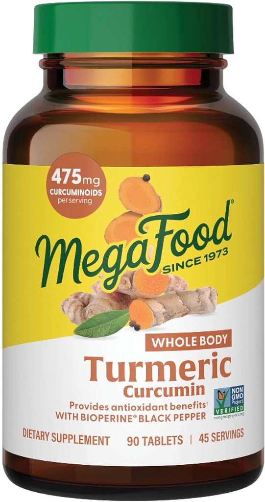 MegaFood Ολόκληρο το σώμα Turmeric Curcumin Supplement - Turmeric Supplement with Black Pepper & Vitamin C - 475 mg Curcuminoids Per Serving - Αντιοξειδωτικό & Ανοσοποιητική Υποστήριξη - Vegan - 90 Tablets, 45 Servings