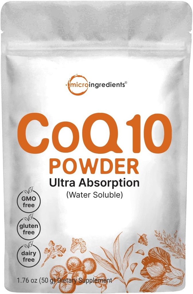 Micro Ingredients Water Soluble COQ10 Supplement (COQ10 200mg ανά υπηρεσία σε μορφή σκόνης), 50 Grams (8 Μήνες Προσφορά), Extra Absorpation, Υποστηρίζει την καρδιά και την ενεργειακή υγεία, Vegan Φιλικό