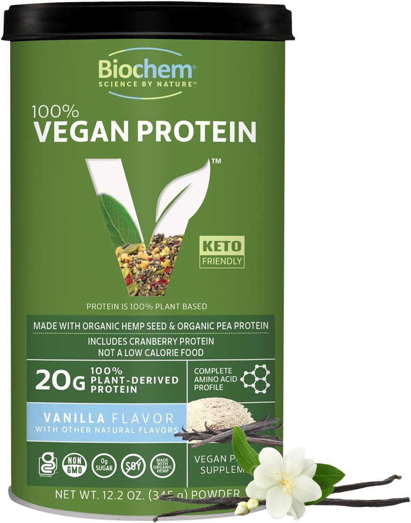 Biochem Vegan Protein Powder – 20g Πρωτεΐνη με βάση το φυτό για την υποστήριξη των μυών – Βιολογική Πρωτεΐνη Ρήνου, κάνναβης και βατόμουρου – Χαμηλό Καρβίδιο, Χαμηλό Λιπαρά, Χωρίς Γλουτένη, Μη ΓΤΟ, Κετο-Φιλική – Βανίλια Γεύση – 12,2 oz