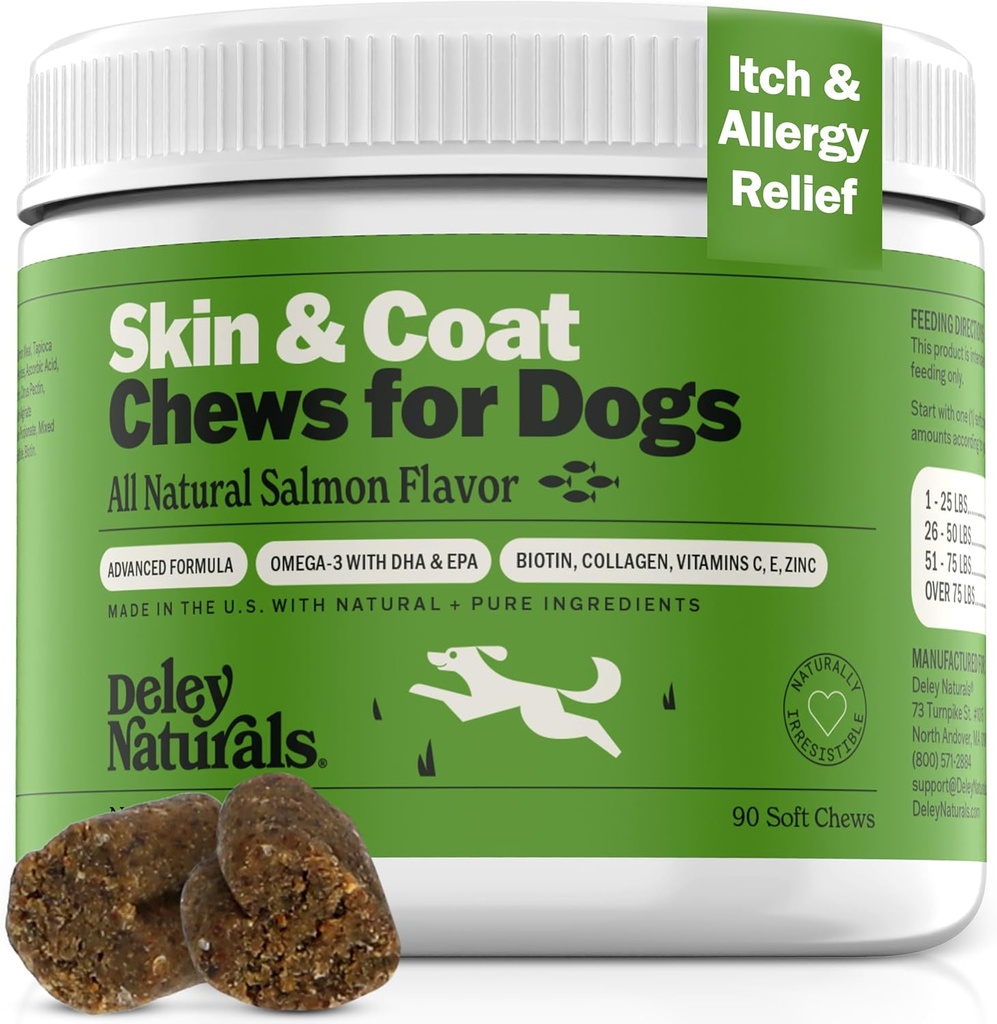 Deley Naturals Skin & Coat Chews - Αλλεργία σκύλου μασήματα με Ωμέγα 3 ιχθυέλαιο, βιοτίνη, κολλαγόνο και βασικές βιταμίνες - Υποστηρίζει φαγούρα σκύλου ανακούφιση του δέρματος, μειώνει την ξηρότητα και υγιεινό παλτό - Made in USA