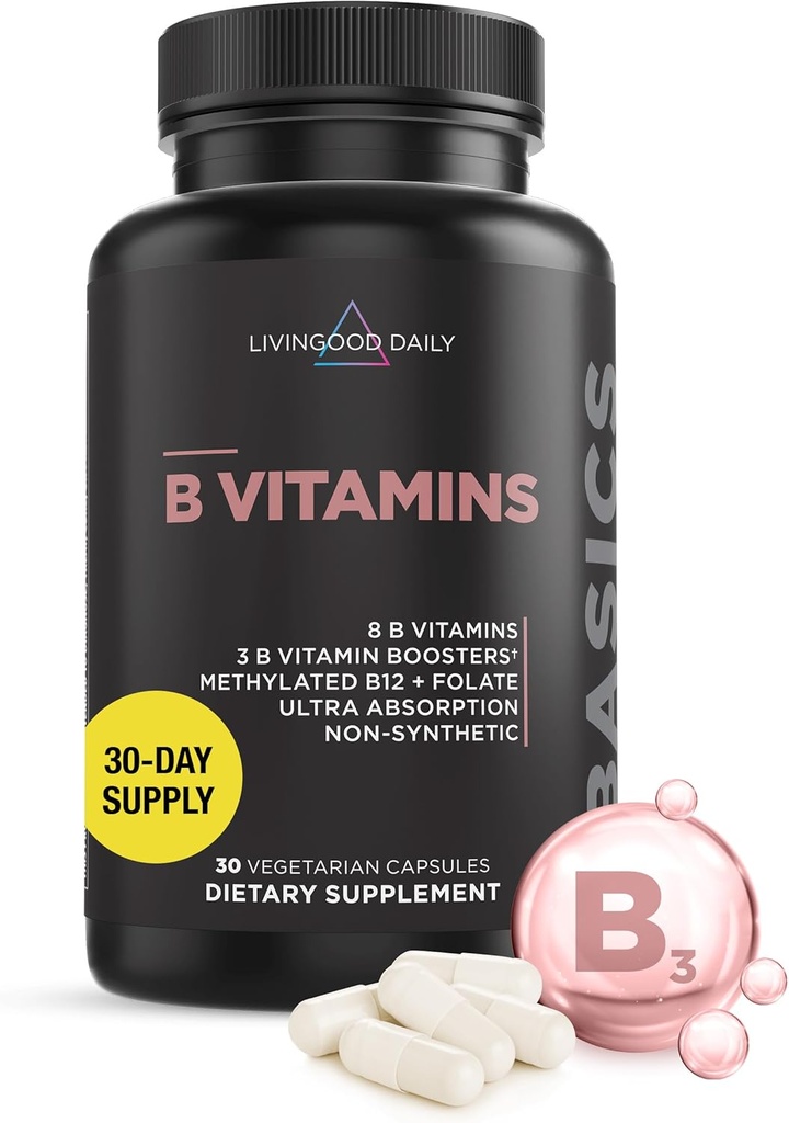 Livingood Daily Vitamin B Complex Κάψουλες για άνδρες και γυναίκες, μεθυλιωμένο B12 & φολικό, 11 Ενεργές Μορφές Συμπεριλαμβάνονται B1 B2 B3 B5 B6 & Βιοτίνη, Χωρίς γλουτένη, Βιταμίνες Vegan B για Καρφιά Δέρματος μαλλιών, 30 Κάψουλες