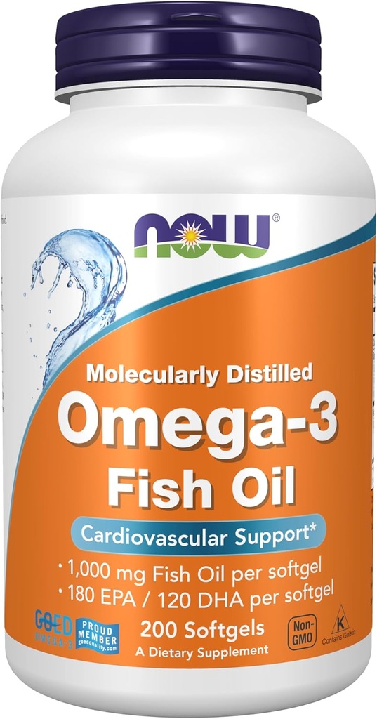 NOW Συμπληρώματα τροφίμων, Omega-3 180 EPA / 120 DHA, Μοριακά Αποσταγμένο, Καρδιαγγειακή Υποστήριξη*, 200 Softgels