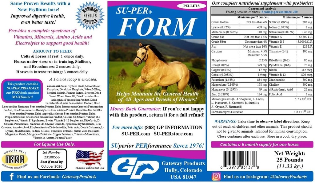 SU-PER Form Horse Vitamins and Minerals Pellets - Nutritional Supplement with Probiotics - Vitamins, Minerals, Amino Acids & Electrolytes - Helps Maintain General Health - 25 Pounds, 6 Month Supply