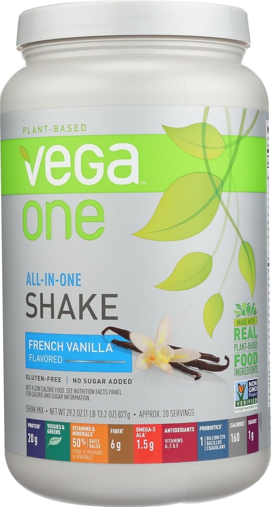 Vega One All in One Διατροφική Shake Γαλλική Βανίλια - Φυτική βάση Vegan πρωτεΐνη σκόνη, μη γαλακτοκομικά, Χωρίς γλουτένη, Μη ΓΤΟ, 29,2 ουγγιά (πακέτο του 1)