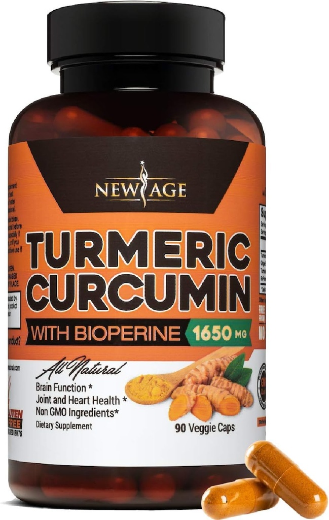 NEW AGE Turmeric Curcumin with Bioperine Capsules - Φυσική Κοινή & Υγιεινή Υποστήριξη με 95% Τυποποιημένα Κουρκουμινοειδή για Ικανότητα & Απορρόφηση - Μη ΓΤΟ, Χωρίς Γλουτένη (90 Count (Pack of 1))