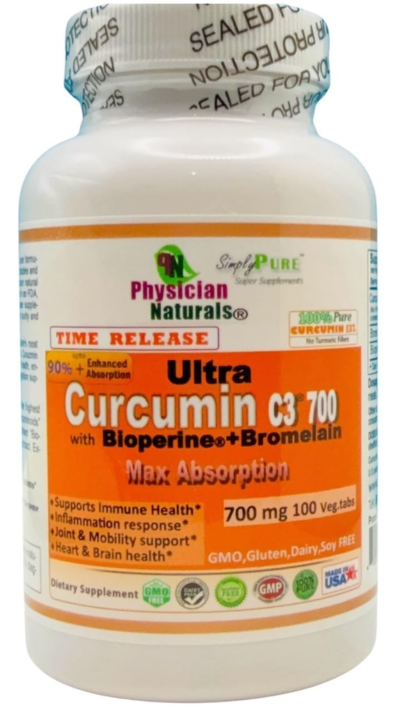 Ultra Curcumin C3 Time Release w Bioperine and Bromelain Time Release 700mg 100 Veg.tabs Max Absorption