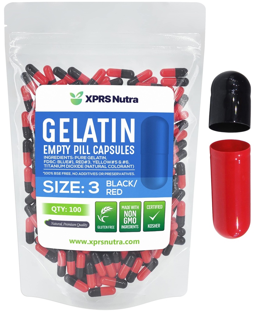 XPRS Nutra Μέγεθος 3 Κενές κάψουλες - 100 Count Empty Gelatin Κάψουλες - Χάπια DIY Καψάκιο Γέμισμα - Καθαρά Καπάκια τζελ Μπόβιν Χάπι Γεμάτο για Βιταμίνες και Συμπληρώματα (Μαύρο/Κόκκινο)