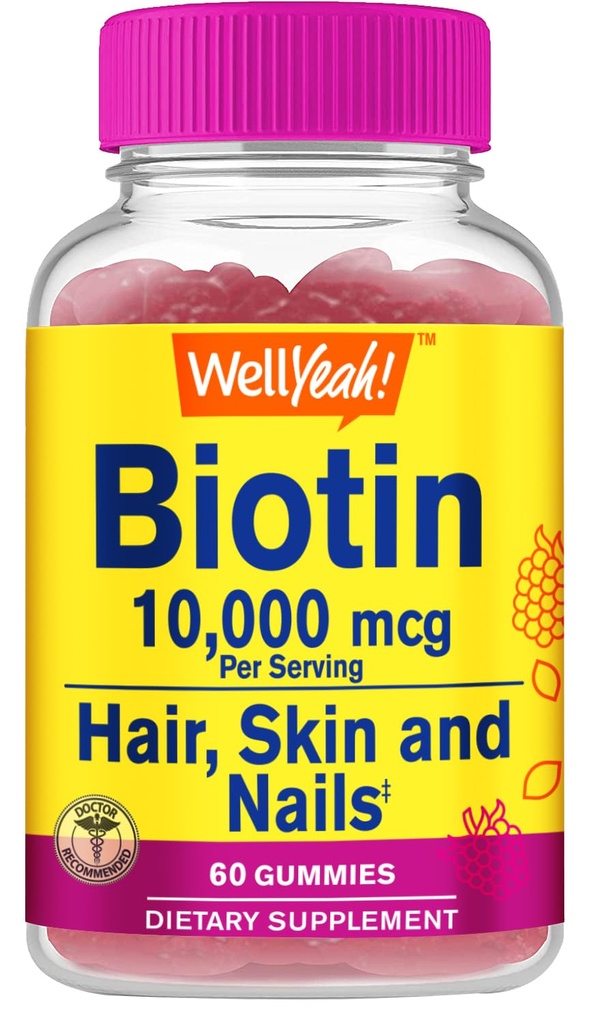 WellYes High Potency Biotin 10.000 mcg Gummies - για πιο δυνατά μαλλιά, δέρμα & νύχια - Vegan-Friendly, χωρίς γλουτένη, μη GMO, και Delicious Berry Flavor - 60 Gummies