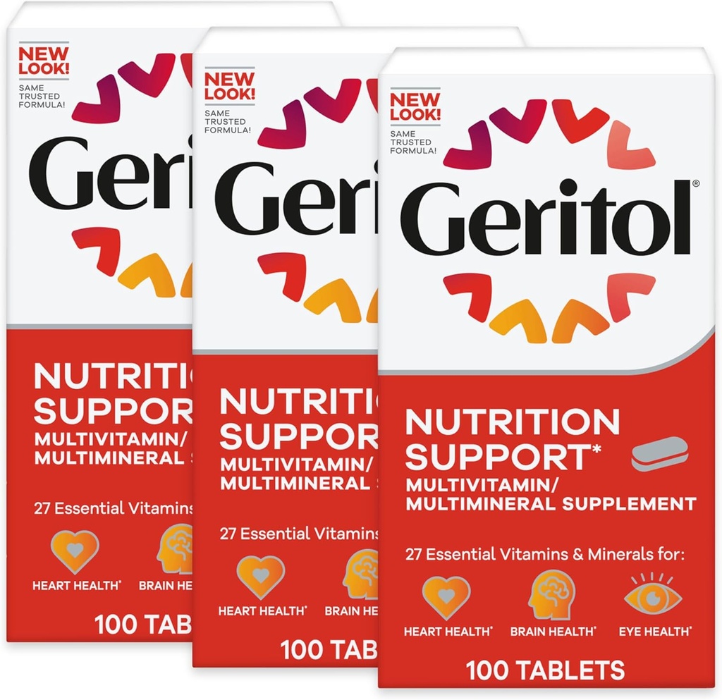 Γεριτόλη, Multivitamin Supplement, Περιέχει Β-βιταμίνες, Αντιοξειδωτικά, Βιταμίνες C, Ε & D και σίδηρο, 27 Ουσιώδεις Βιταμίνες και Ορυκτά, Χωρίς Γλουτένη, Μη ΓΤΟ, Χωρίς Τεχνητά Γλυκαντικά, 100 δισκία, 3 Συσκευασία