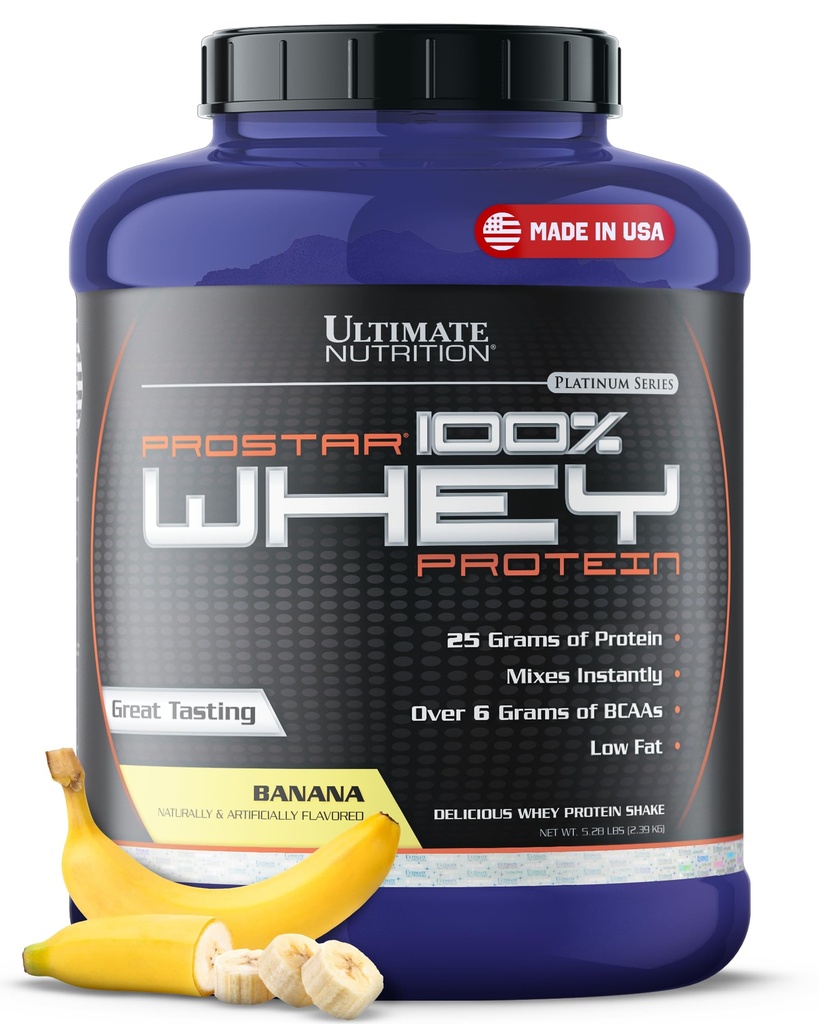 Ultimate Nutrition Prostar Whey Protein Powder Isolate, Banana - Χαμηλή υδατανθράκων, υψηλής πρωτεΐνης σκόνης Shake for muscle Gain & Recovery - Χαμηλό Νάτριο, Χαμηλό Πάχος & Κετό Φιλικό - 5.28 lbs Tub