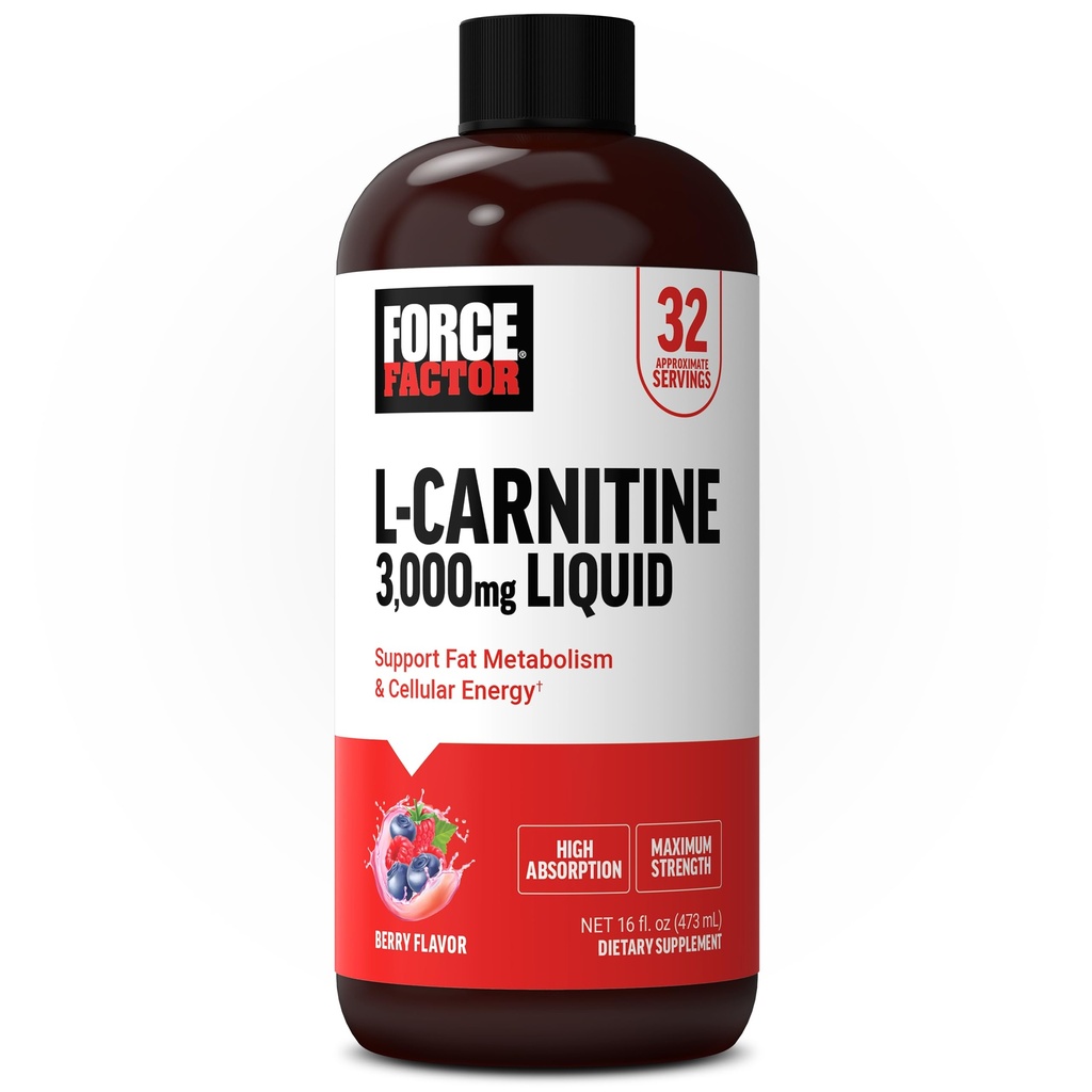 Force Factor L-Carnitine Liquid 3000mg, Μέγιστο συμπλήρωμα αντοχής για την υποστήριξη του λιπώδους μεταβολισμού, της κυτταρικής ενέργειας και της αποκατάστασης των μυών, υψηλή απορρόφηση, μη GMO, Berry Flavor, φιάλη 16 oz
