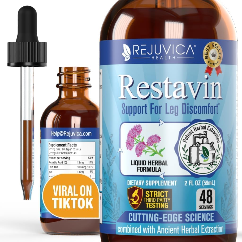 Restavin - Advanced Leg Support Supplement - Liquid Delivery για Καλύτερη Απορρόφηση - Βιταμίνη C, Iron, Valerian, Turmeric, Magnesium & More!
