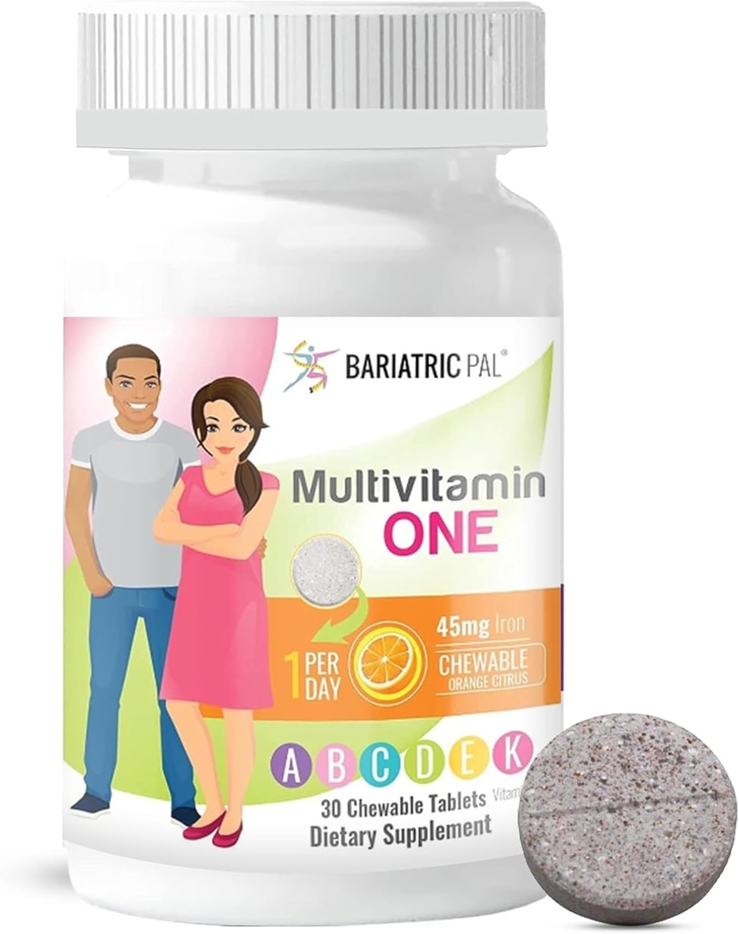 BariatricPal Multivitamin ONE 1 per Day! Bariatric Multivitamin Chewable with 45 mg of Iron | Orange Citrus | Vitamin for Bariatric Surgery Patients | 30 Count (1 Month Supply)