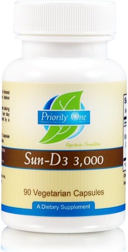 Priority One Vitamins Sun D3 3,000 90 Vegetarian Capsules - The Most bioavailable Form of Vitamin D (cholecalciferol).*