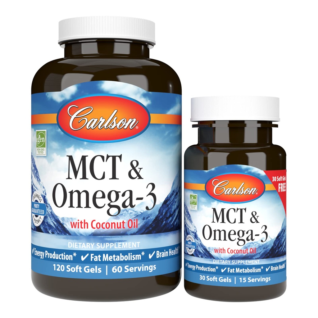 Carlson - MCT & Omega-3, Λάδι καρύδας, Caprylic & Capric Acids, EPA & DHA, Παραγωγή ενέργειας, Λιπαρά Μεταβολισμός & Υγεία του εγκεφάλου, 120+30 Softgels
