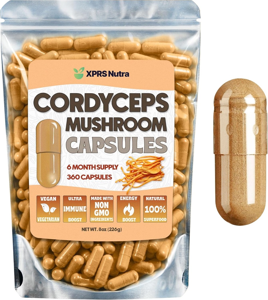 XPRS Nutra Cordyceps Mushroom Powder Κάψουλες - 360 Count (180 Day Supply) - Οι κάψουλες μας Premium Cordyceps Mushroom Περιέχουν Real Μανιτάρια (Cordyceps Sinensis) για να υποστηρίξουν τη Σταμίνα και την Απόδοση