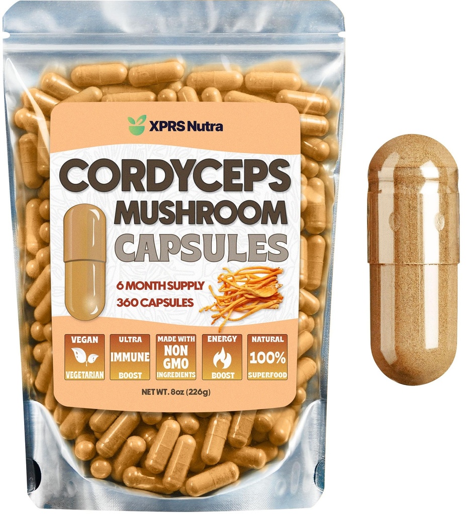 XPRS Nutra Cordyceps Mushroom Powder Κάψουλες - 360 Count (180 Day Supply) - Οι κάψουλες μας Premium Cordyceps Mushroom Περιέχουν Real Μανιτάρια (Cordyceps Sinensis) για να υποστηρίξουν τη Σταμίνα και την Απόδοση