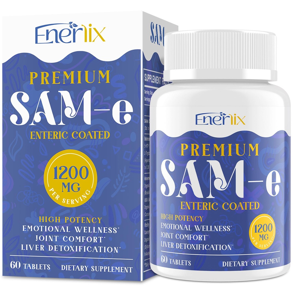 1200 MG SAM e Συμπλήρωμα για τον εγκέφαλο, τη διάθεση, την κοινή και το συκώτι, την υψηλή απορρόφηση SAM-e (S- Adenosyl- L- μεθειονίνη) με CoQ10, 5- HTP, Enteric Coated 60 δισκία, Vegan