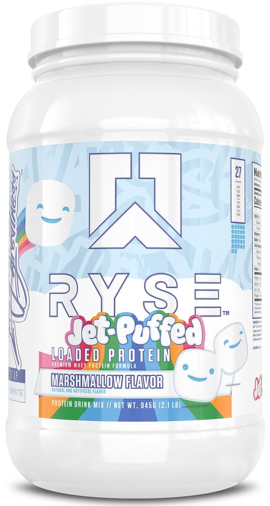 RYSE Loaded Protein Powder - Jet-Puffed Marshmallow - 25g Whey Protein Isolate & Concent with Prebiotic Fiber & MCTs - Χαμηλός υδατάνθρακες, χαμηλή ζάχαρη, Digestive-Friendly - 27 Σερβιέτες / 2 lb Tub