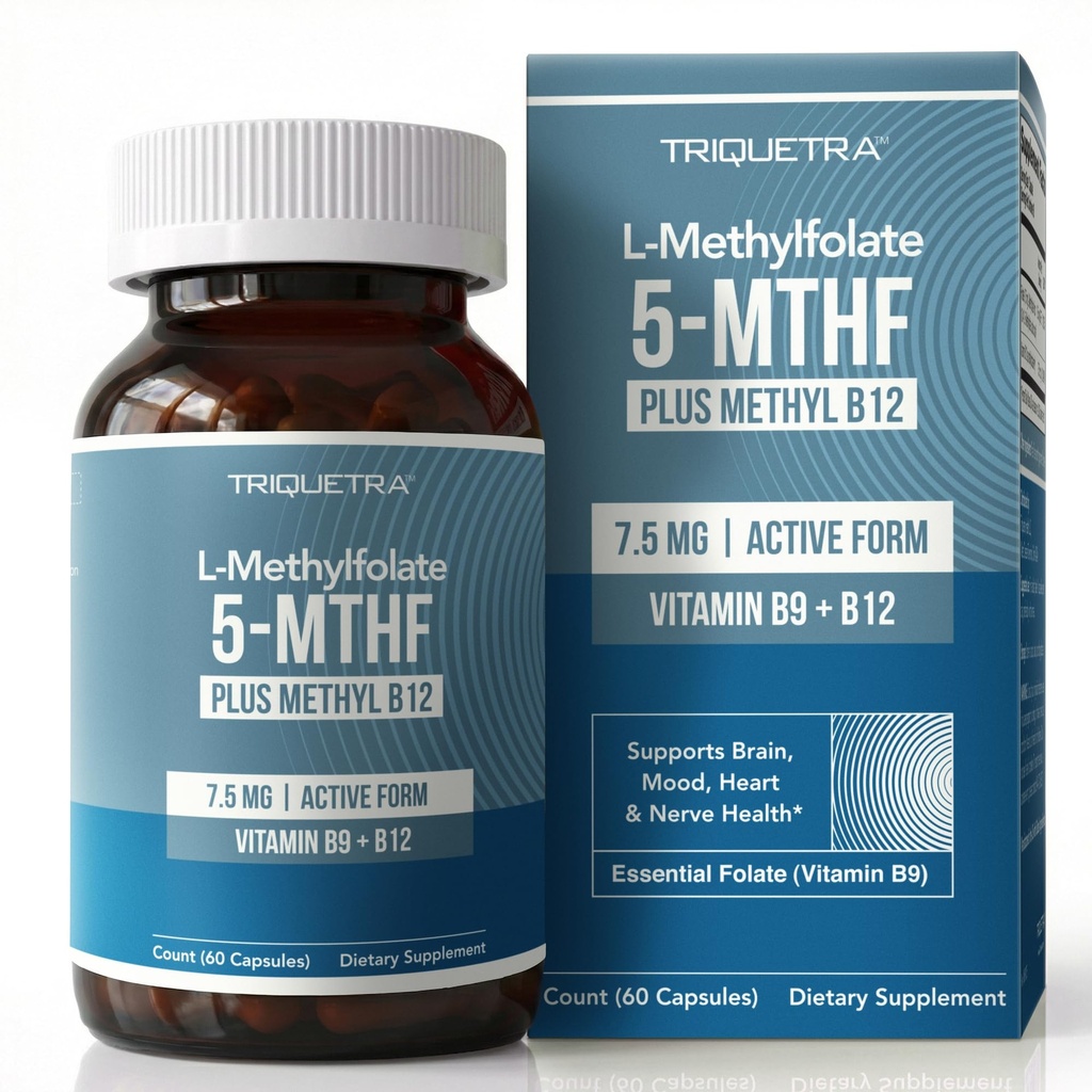 L Methylfolate 7.5mg συν Methyl B12 - Ενεργή μορφή 5-MTHF, MTHFR συμπλήρωμα - Αίμα έτοιμο μεθυλιωμένο φολικό + B12 συμπαράγοντας - Υποστηρίζει Mood, Homocysteine μεθυλίωση, Cognition (60 κάψουλες)