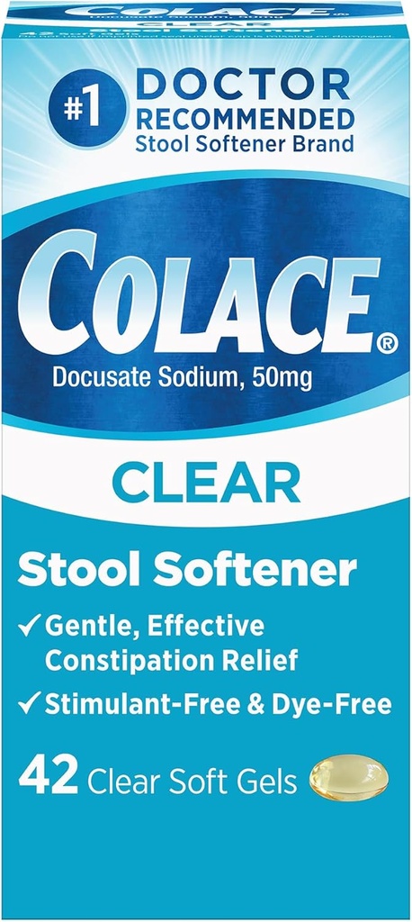Colace Clear Stool Softener for Gentle Recipation Relief, # 1 Doctor Recommended Stool Softener Brand, Dye Free, 50 mg Docusate Caps, 42 Count
