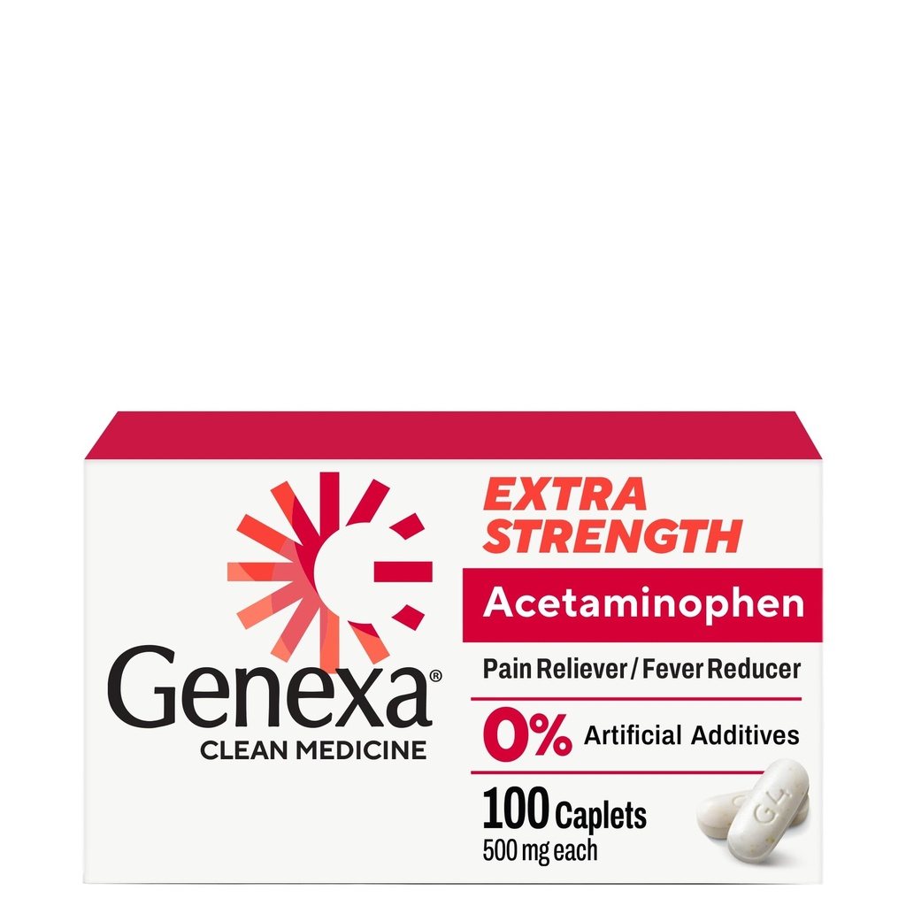 Genexa Clean Acetaminophen 500mg Extra Strength, Dye Free Pain Reliever Fever Reducer, 0% Τεχνητά Πρόσθετα, Πόνος Ιατρική για Ενήλικες, Ανακουφίζει Πονοκέφαλο, Οσφυαλγία, Ανώτερη Αρθρίτιδα Πόνος, 100 δισκία
