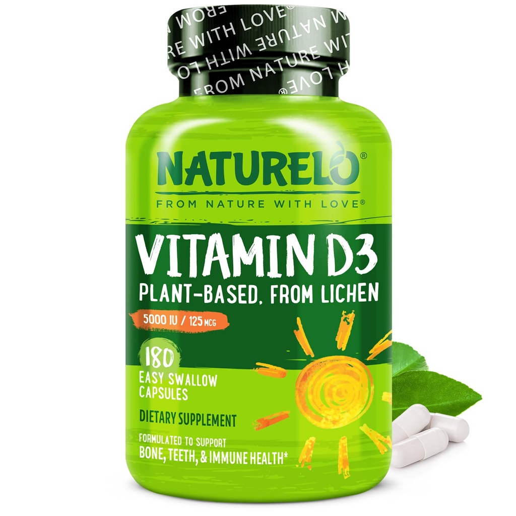 NATURELO Βιταμίνη D - 5000 IU - Φυτό με βάση τη λειχήνα - Φυσικό συμπλήρωμα D3 για το ανοσοποιητικό σύστημα, υποστήριξη οστών, κοινή υγεία - υψηλή ισχύς - Vegan - μη ΓΤΟ - Χωρίς γλουτένη - 180 κάψουλες