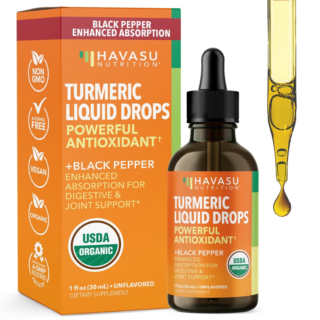 USDA Organic Turmeric Liquid Drops with Black Pepper - 1000mg Curcumin Supplement for Immune & Digestive Health - 30 Services - Ενισχυμένη απορρόφηση - Μη ΓΤΟ, Vegan, Χωρίς γλουτένη - Χωρίς γεύση, 1 Fl Oz