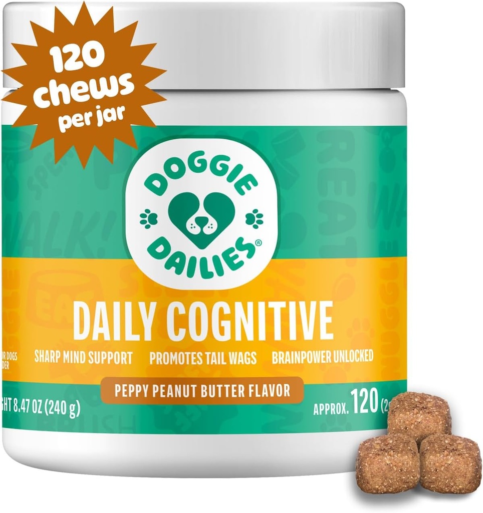 Doggie Dailies Γνωστικές Μάζες κουταβιού, Βιταμίνες με DHA, Σελήνιο, Βιολογικό Ashwagandha & Αντιοξειδωτικά για την υποστήριξη της υγείας του εγκεφάλου, λειτουργία νευρικού συστήματος και την προώθηση της ηρεμίας (Peanut Butter) 120 μαλακά μάσημα
