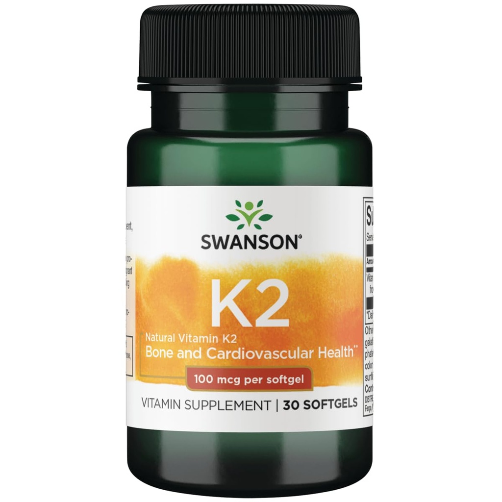 Swanson Βιταμίνη K2 (Menaquinone-7) - Συμπλήρωμα Βιταμίνης Υποστήριξη Καρδιαγγειακής και Οστικής Υγείας - Κατασκευασμένο από ιαπωνική Natto για να βοηθήσει να Ρυθμίσει το Ασβέστιο - (30 Softgels, 100mcg Καθένα)