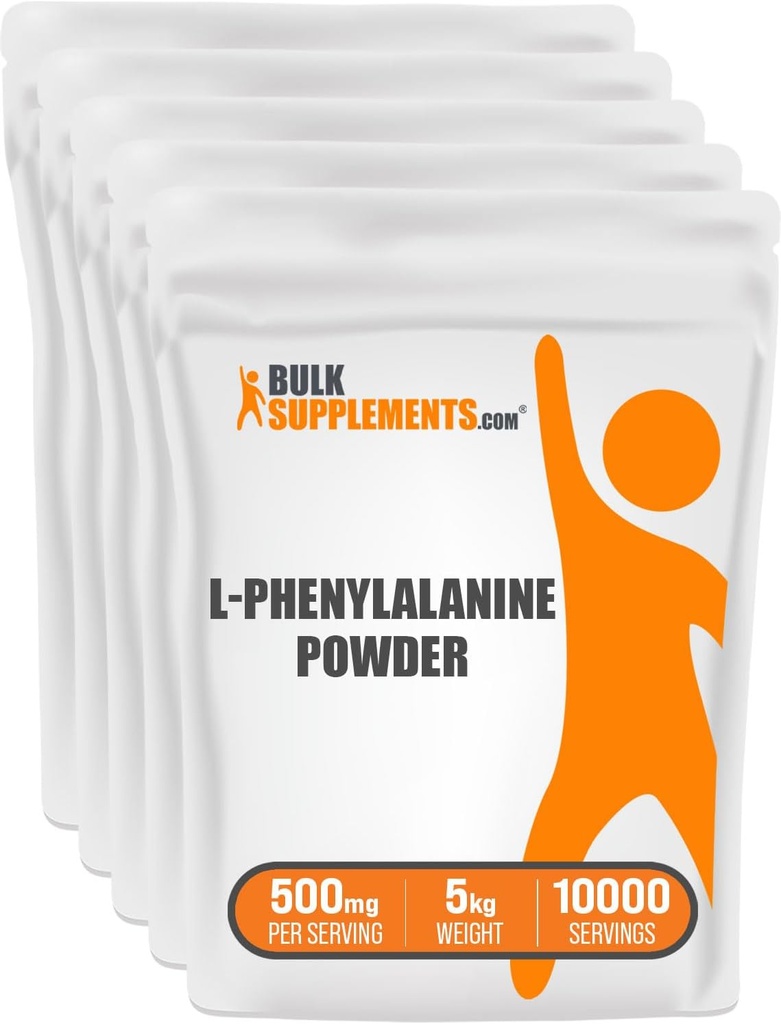 BulkSupplements.com L-Phenylalanine Powder - Συμπλήρωμα φαινυλαλανίνης, L-Phenylalanine 500mg - Συμπλήρωμα αμινοξέων, Χωρίς γλουτένη, 500mg ανά Σερβίρισμα, 5kg (11 lbs) (Συσκευασία των 5)