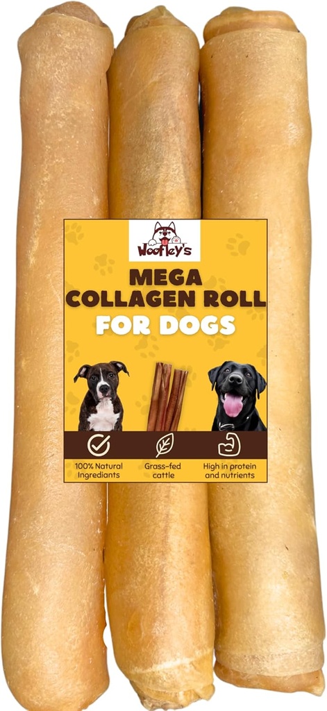 Woofley's Extra Thick Collagen Roll (10-12 Inch - 3 PCS) - Μασούρες για σκύλους - Bully Stick Rawhide Εναλλακτικές μάσημα σκύλου Δεν Απόκρυψη οστά για Μεσαίου & Μεγάλου Σκύλους