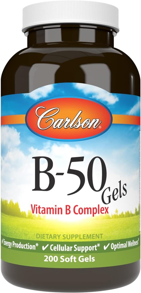 Carlson - B-50 Gels, Vitamin B Complex, Παραγωγή Ενέργειας, Κυτταρική Υποστήριξη & Βέλτιστη Ευεξία, 200 Softgels