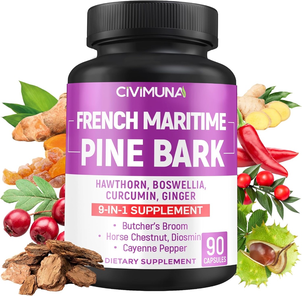 French Maritime Pine Bark Capsules with French Maritime Pine Bark, Hawthorn, Bosweillia and More - 90 Capsules for 3 Months Supply