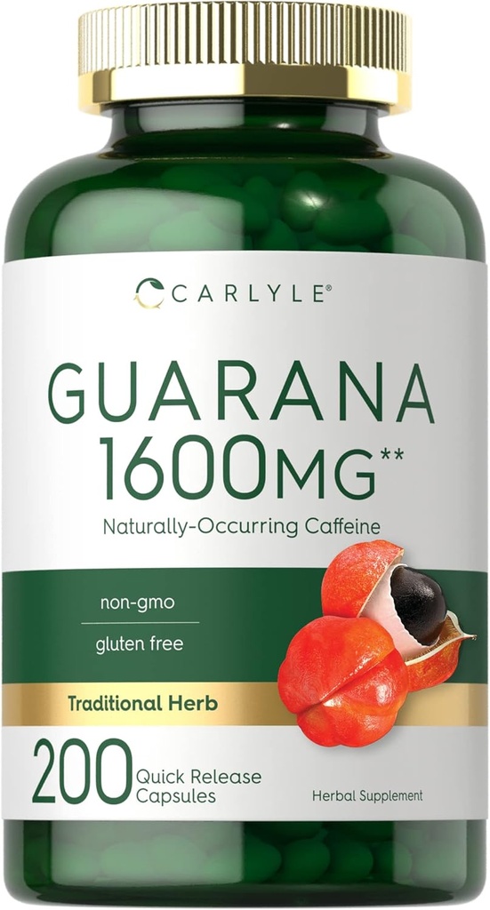 Carlyle Guarana Extract Capsules | 1600mg | 200 Count | Naturally Occurring Caffeine Supplement | Non-GMO, Gluten Free