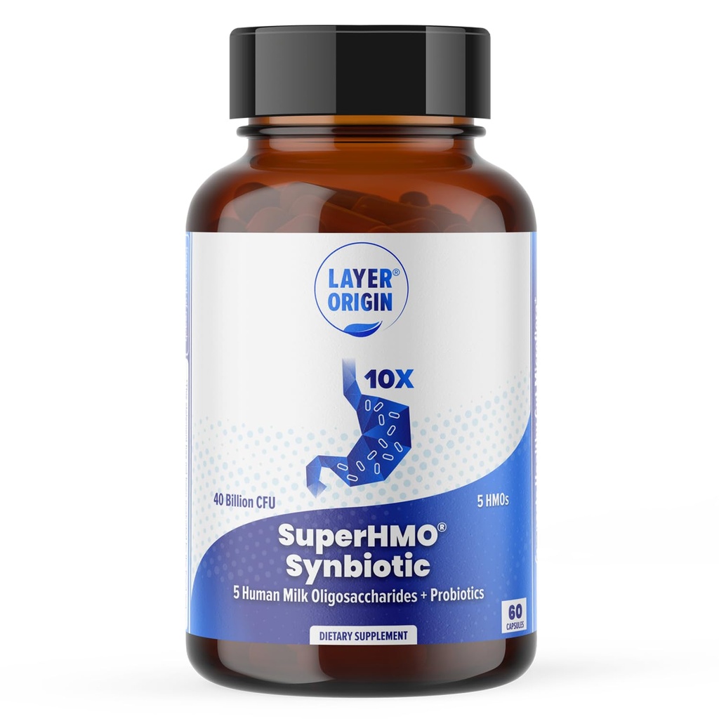 Layer Origin SuperHMO: Συνθετικές κάψουλες με 5 HMO Prebiotics & 40 Billion CFU Probiotics, 60 Count