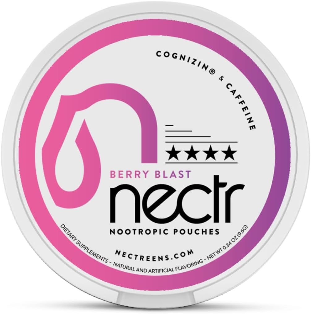 Nectr Energy Nootropic Pouches – Berry Blast Flavored, Caffeine Pouches με Cognizin® Citicoline. Φάρμακα εγκεφάλου χωρίς ζάχαρη. Ομαλή, σταθερή εστίαση & συμπλήρωμα ενέργειας - 1 Puck των 16pcs