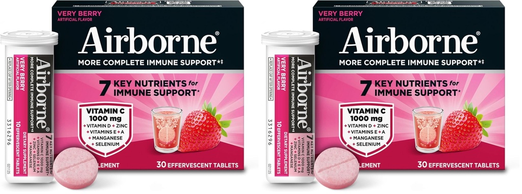 Airborne 1000mg Vitamin C with Vitamin D & Zinc, Sugar Free Multivitamin Immune Support Supplement, Antioxidants Vitamins A C & E, Very Berry Flavor, 30 Tablets (Pack of 2)