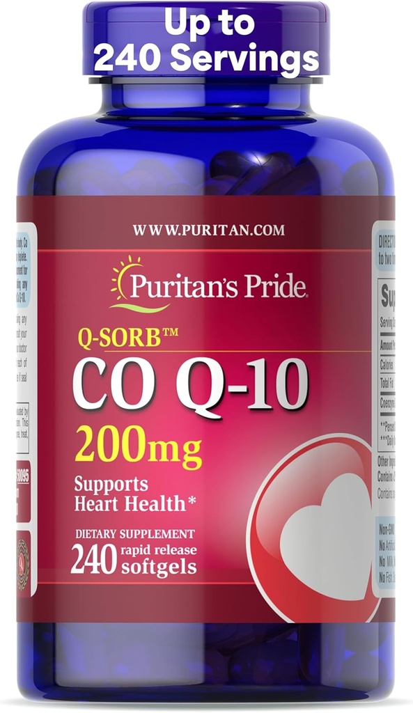 Puritan's Pride Coenzyme CoQ10 200mg, Συμπλήρωμα διατροφής για την υγεία της καρδιάς, την πίεση του αίματος, την υγεία των στοματικών ούλων και την υγιή γήρανση Υποστήριξη, 240 υπηρεσίες, ταχεία απελευθέρωση Softgels