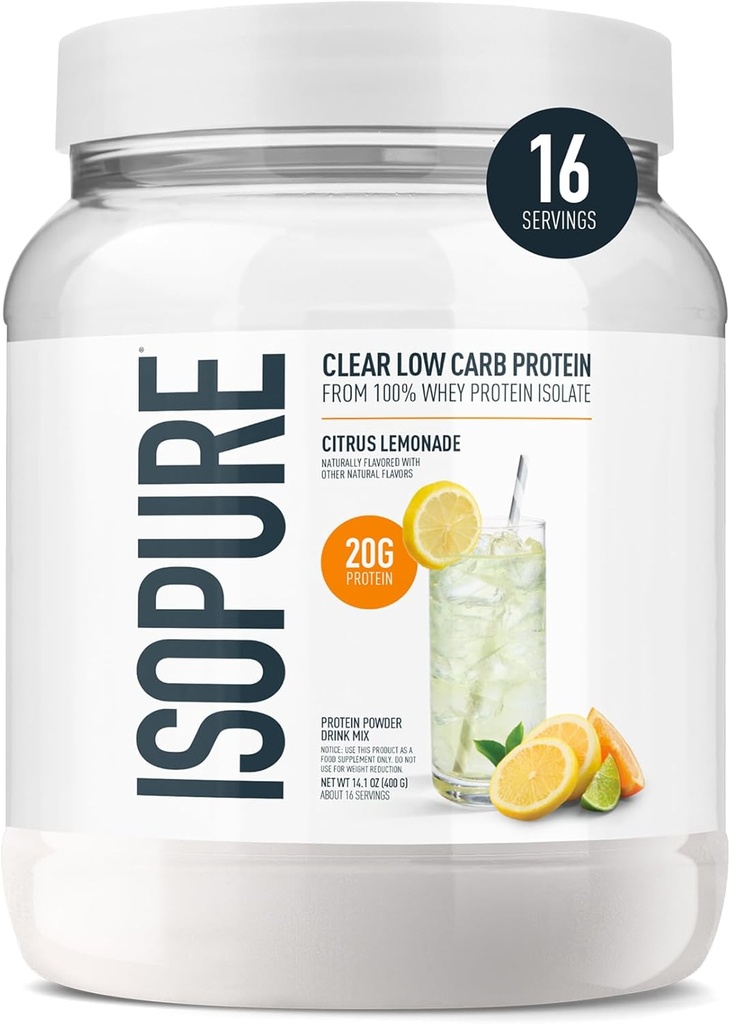 Isopure Clear Whey Isolate Protein Powder, Lactose Free, Gluten Free, Φυσικά Γεύση, Εσπεριδοειδή Λεμονάδα, 20g πρωτεΐνη ανά υπηρεσία, 14,1 Oz, 16 υπηρεσίες (Packaging May Vary)