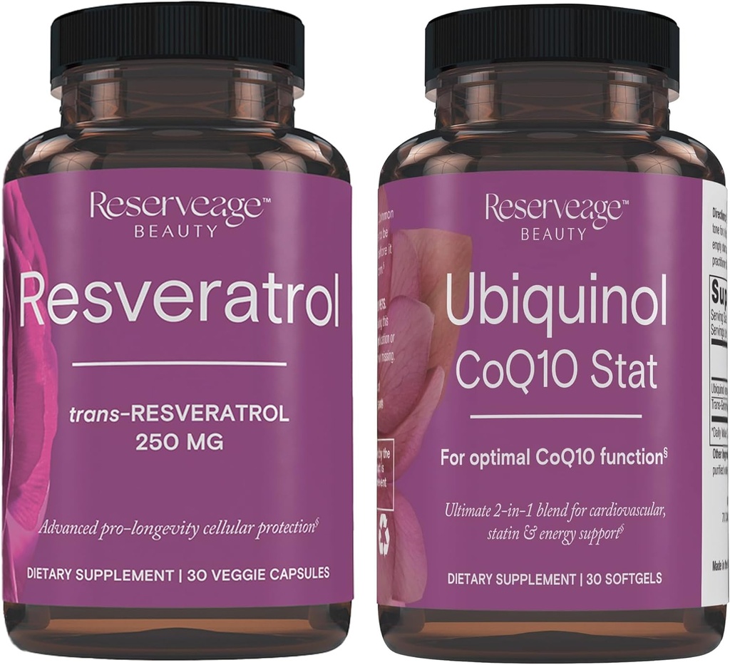 Reservage Beauty, Resveratrol 250 mg, Αντιοξειδωτικό συμπλήρωμα για την καρδιά και την κυτταρίτιδα υγεία 30 Caps & Ubiquinol CoQ10 Stat - Υποστήριξη για το καρδιοαγγειακό σύστημα, τα επίπεδα ενέργειας & την κυτταρίτιδα υγεία - 30