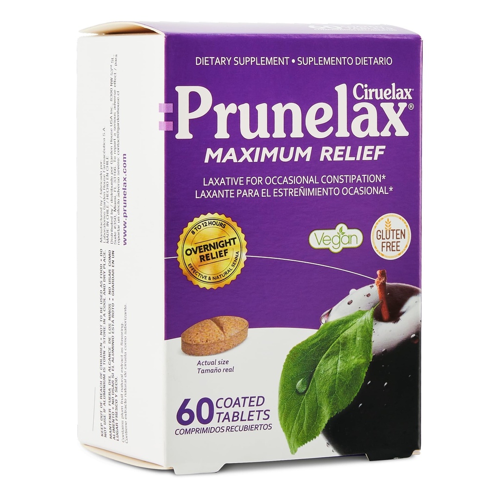 Prunelax Ciruelax Maximum Relief Laxative Tablets με Φυσική Senna για περιστασιακή δυσκοιλιότητα, Senna Extract, Vegan & Gluten-free, Gentle Overnight Relief - 60ct