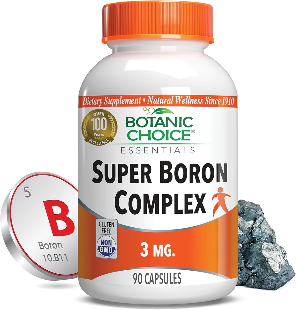 Botanic Choice Super Boron Complex (3mg) - Προάγει την υγεία των οστών και του προστάτη με τη μεταφορά ασβεστίου & μαγνησίου - 3 μορφές βορίου για άνδρες και γυναίκες (90 κάψουλες)