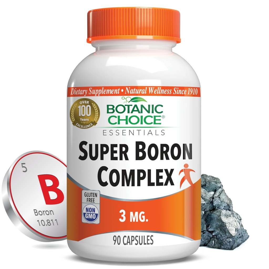 Botanic Choice Super Boron Complex (3mg) - Προάγει την υγεία των οστών και του προστάτη με τη μεταφορά ασβεστίου & μαγνησίου - 3 μορφές βορίου για άνδρες και γυναίκες (90 κάψουλες)