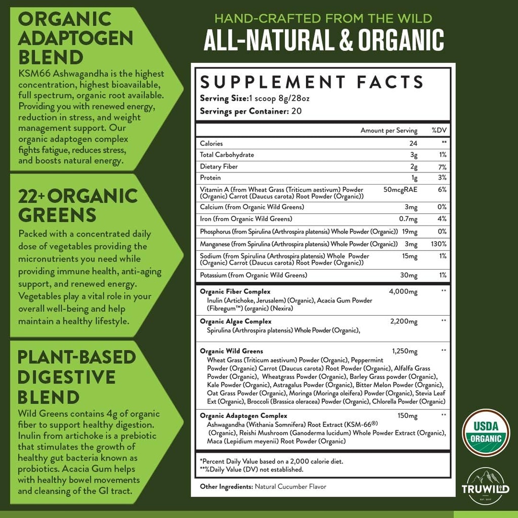 TruWild Greens Superfood Juice Powder, με 22+ Greens & Anti-Oxidants, Φυσικό ανοσοποιητικό, Στρες, Digetion Support Powder, 90 Servings, 3 Pack
