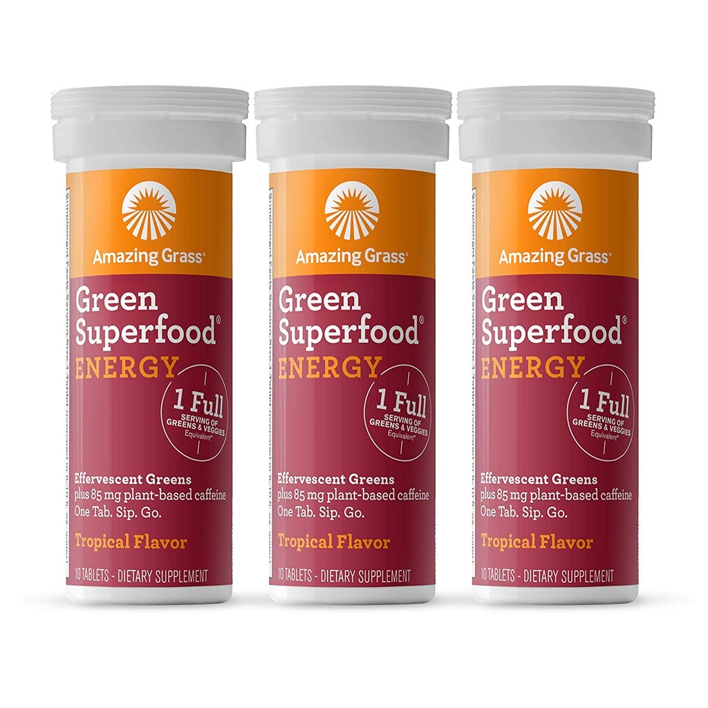Amazing Grass Αναβράζοντα ενεργειακά δισκία: Πράσινα + Πράσινο Τσάι καφεΐνη, Νερό Γεύση δισκίο με αντιοξειδωτικά, Nootropics Υποστήριξη, Τροπική, 10 Count (Pack of 3)