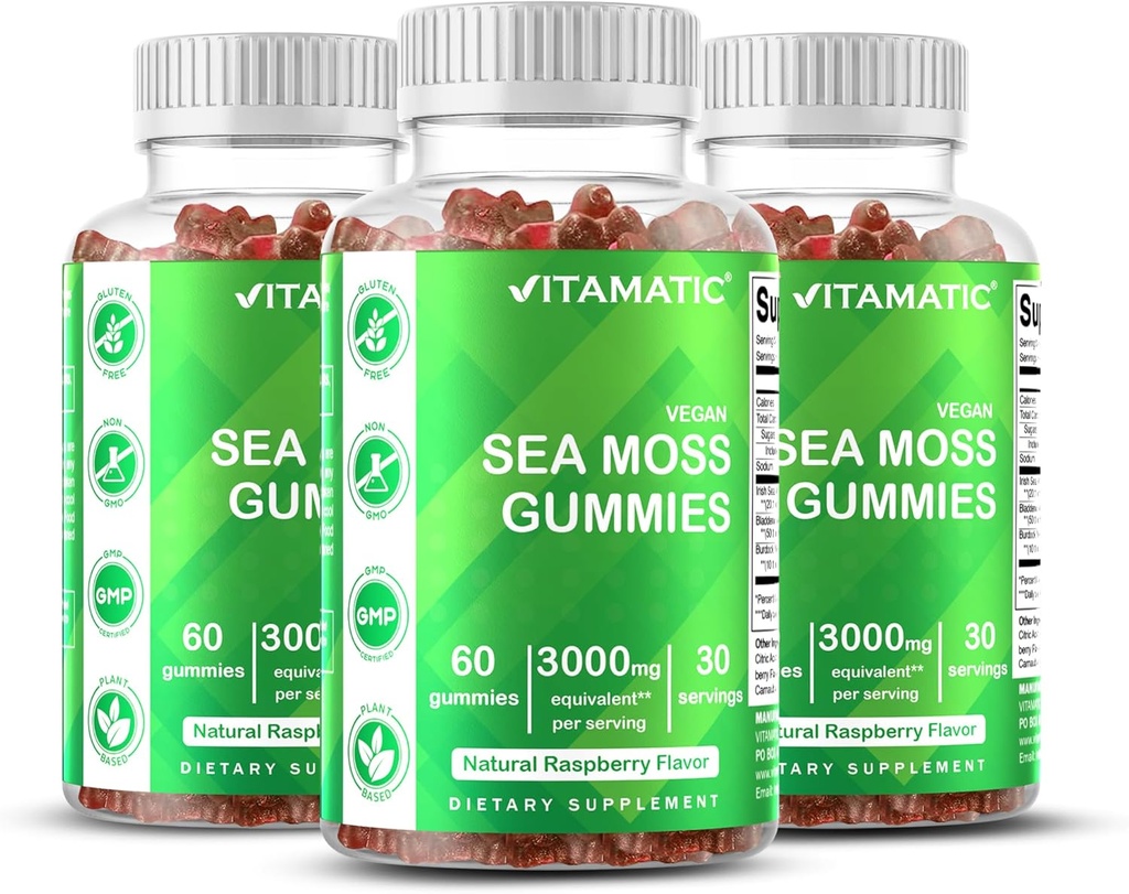 Vitamatic 3 Pack Irish Sea Moss Gummies- 3000mg Equivalent Per Serving (from Extract 132.5 mg) - 60 Ct - Made with Bladderwrack & Burdock Root - Seamoss Supplement for Thyroid, Energy, Immune Support