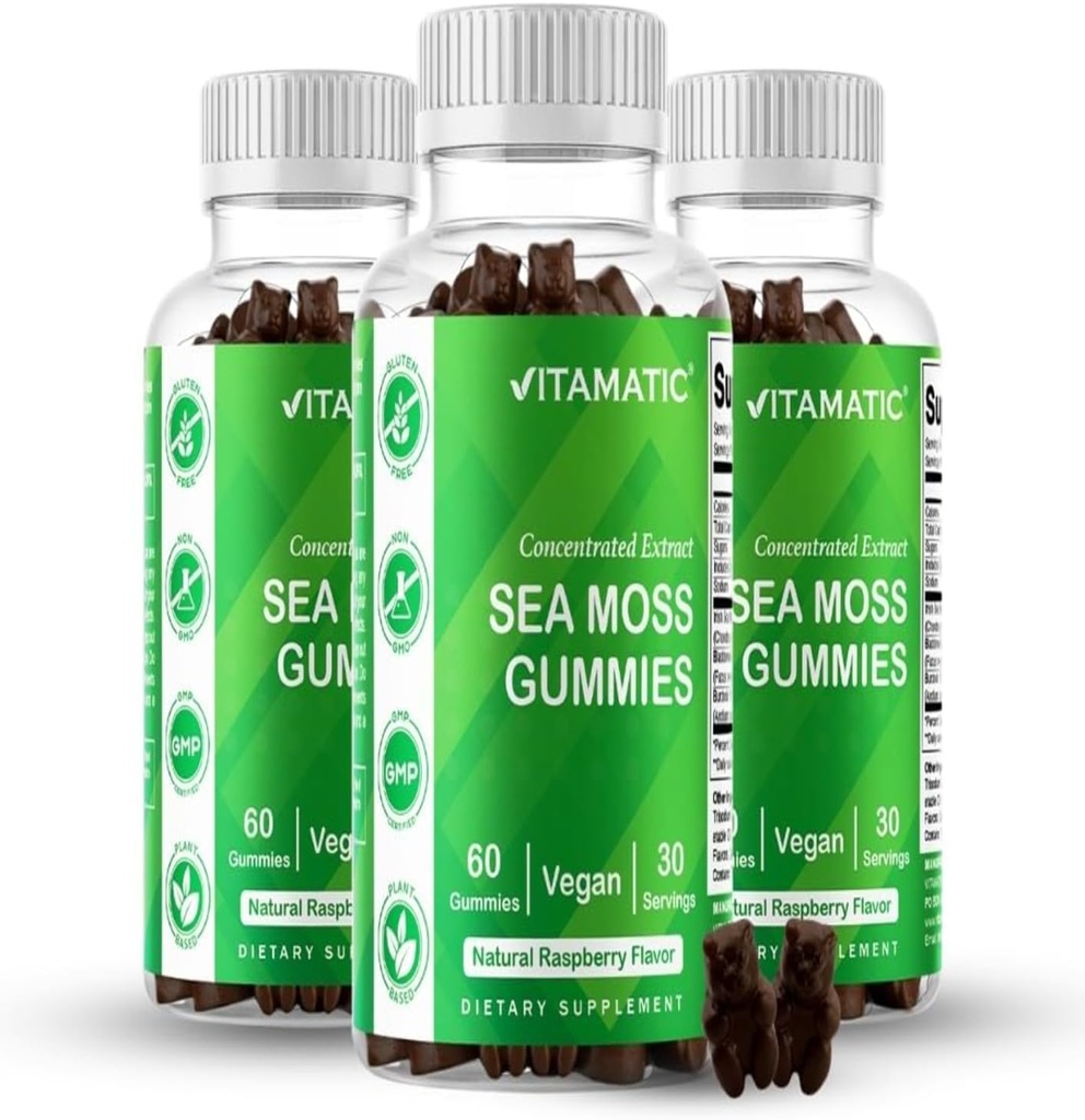 Vitamatic Irish Sea Moss Gummies with Bladderwrack & Burdock Root – Botanical Extract Supplement – Vegan, Non-GMO – 60 Count - 3 Pack