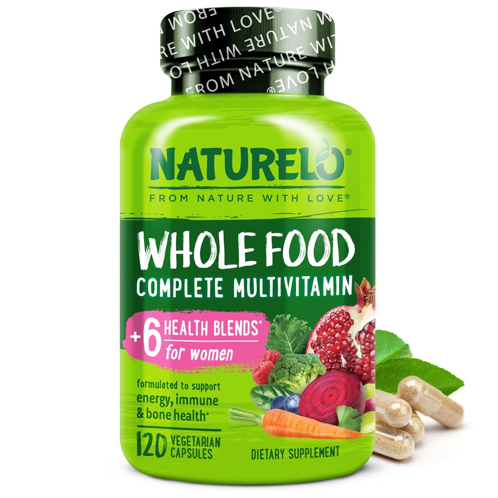 NATURELO Ολόκληρα τρόφιμα Πολυβιταμίνη για γυναίκες - με Βιταμίνες, Ορυκτά, & Βιολογικά Εκχυλίσματα - Συμπλήρωμα για την Ενέργεια και την Καρδιά Υγεία - Μη ΓΤΟ - 120 Vegan Κάψουλες